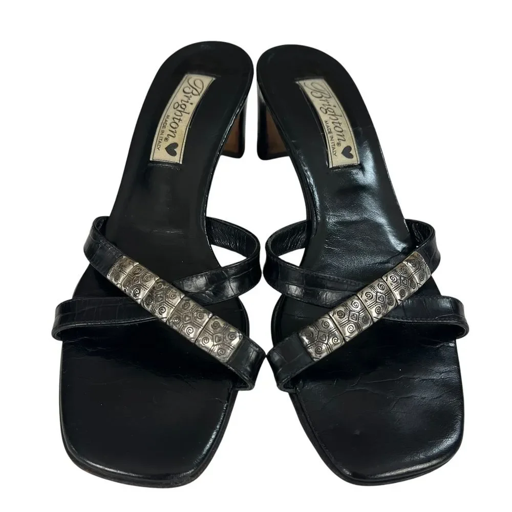 Brighton Taylor Silver Embalishmente Stap Black Leather Sandals Womens Size 6.5M